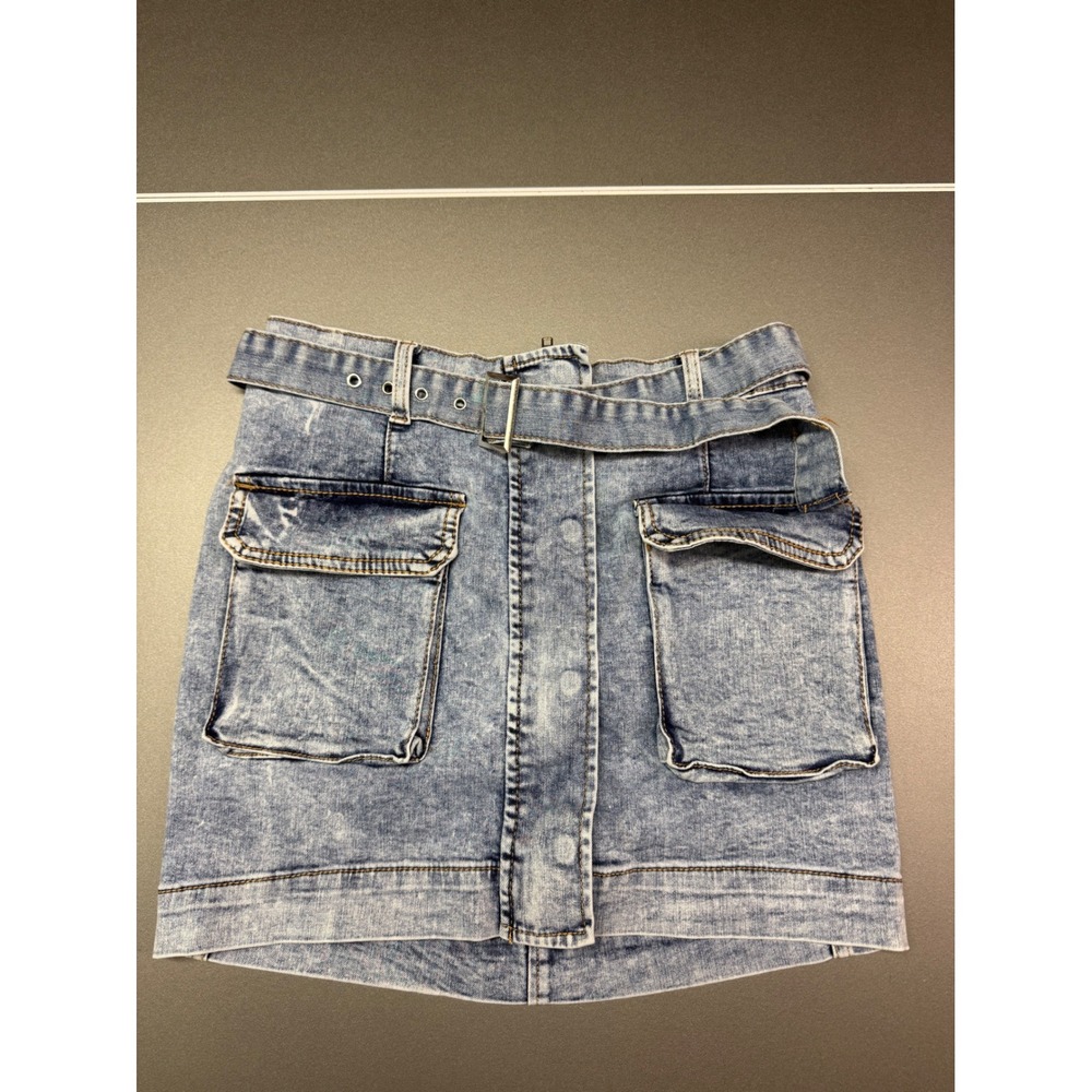 Lovegen Acid Wash Denim Mini Skirt Blue Cargo Utility Belted Size 7/29 party fun